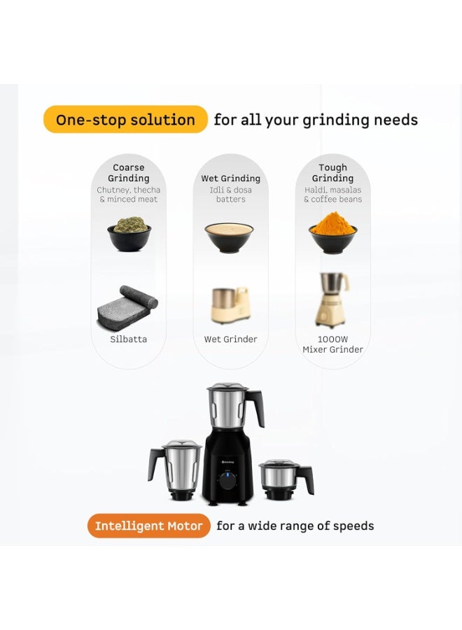 Atomberg Xiana 750 Watt Mixer Grinder | 3 Multipurpose Stainless Steel Jars | Coarse Mode for Silbatta-like Textures | Powerful Intelligent Motor | Easy Fault LED Indication | Gloss Black - Image 2